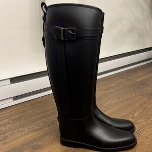 Burberry Women's Black equestrian rain boots with leather straps